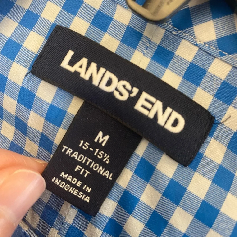 Lands' End Long Sleeve Button Shirt Men's M Traditional Fit Blue White No Iron‎